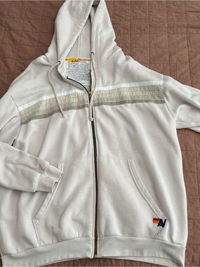 Aviator Nation Light Cream Zip-Up Hoodie with Stripe Detail XXL never worn